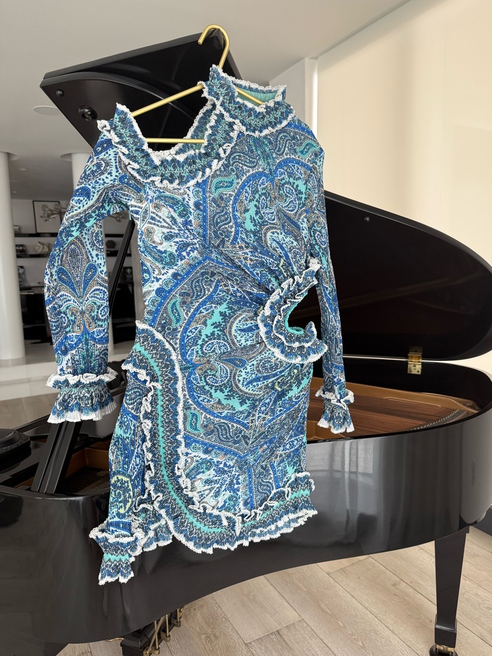 Zimmerman Blue Paisley Cold-Shoulder Ruffle Mini Dress - Picture 5 of 17